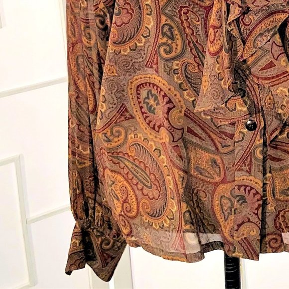 Ellen Tracy Sheer Silk Paisley Button Front Ruffle - Picture 7 of 10